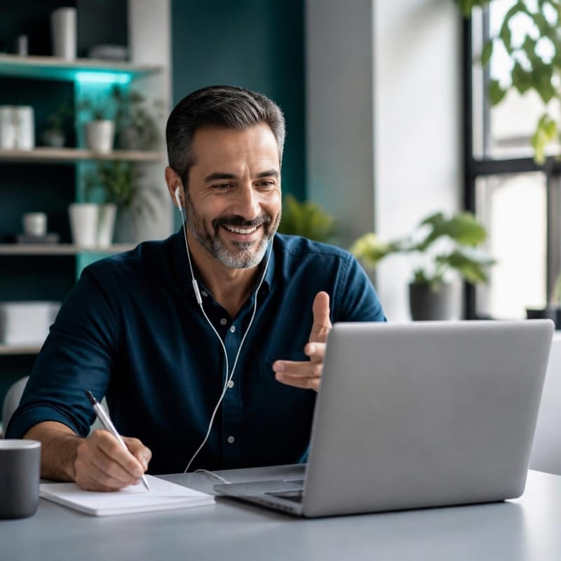 A business owner on a relaxed video call, taking notes