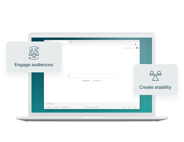 Graphic of a open laptop displaying a search engine web page 